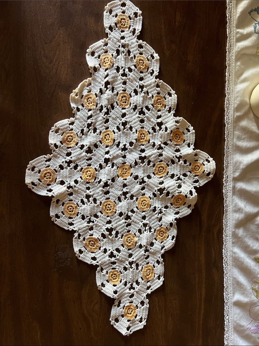 Vintage Handmade Crochet Table Runner - White and Yellow